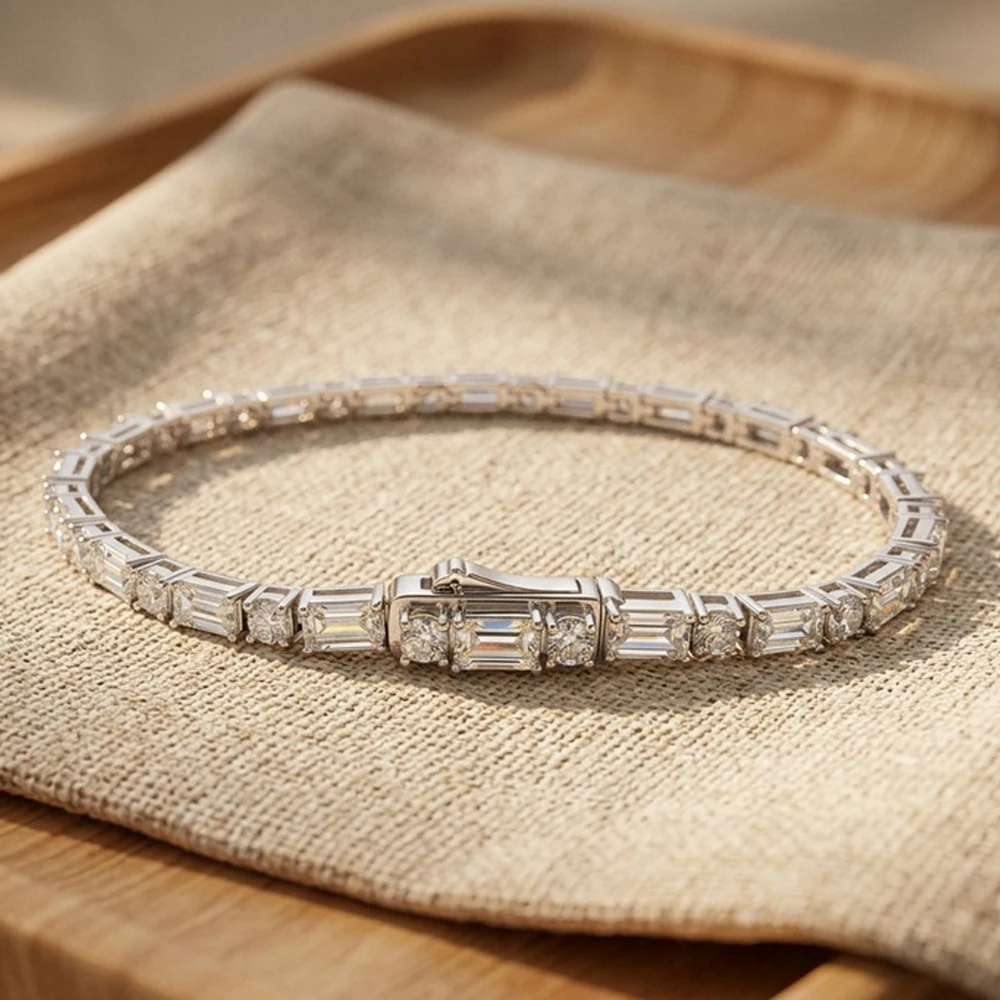 EWYA All Round Emerald Cut Moissanite Tennis Bracelets for Women S925 Silver Lab Diamond Bangle Bridal Party Wedding Jewelry