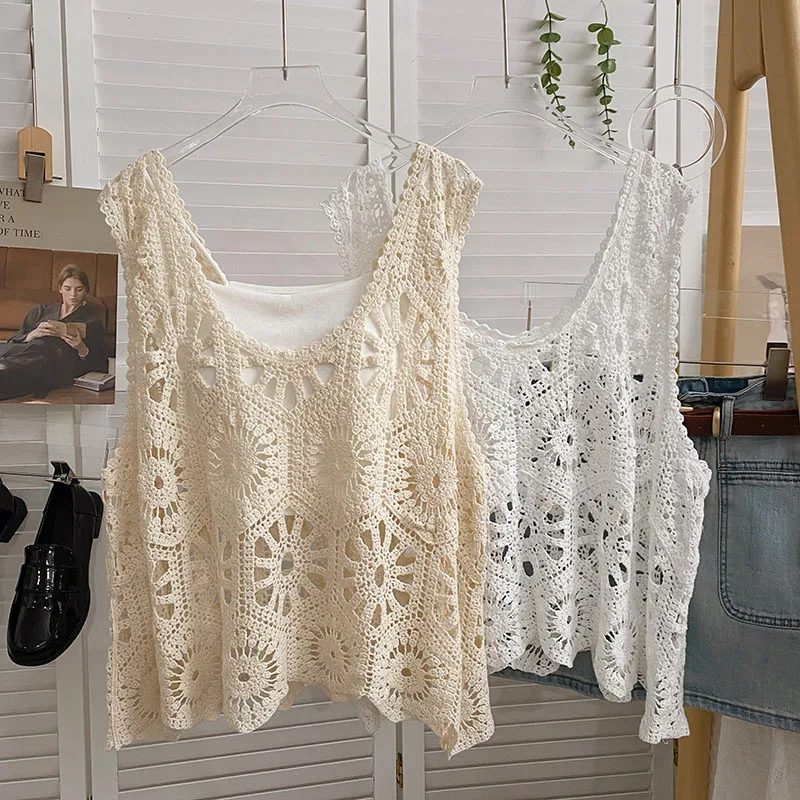 Boring Honey Round Collar Solid Colors Women's Clothes For Summer Retro Hollow Out Knitted Fashion Women Blouses Hollow Out Tops