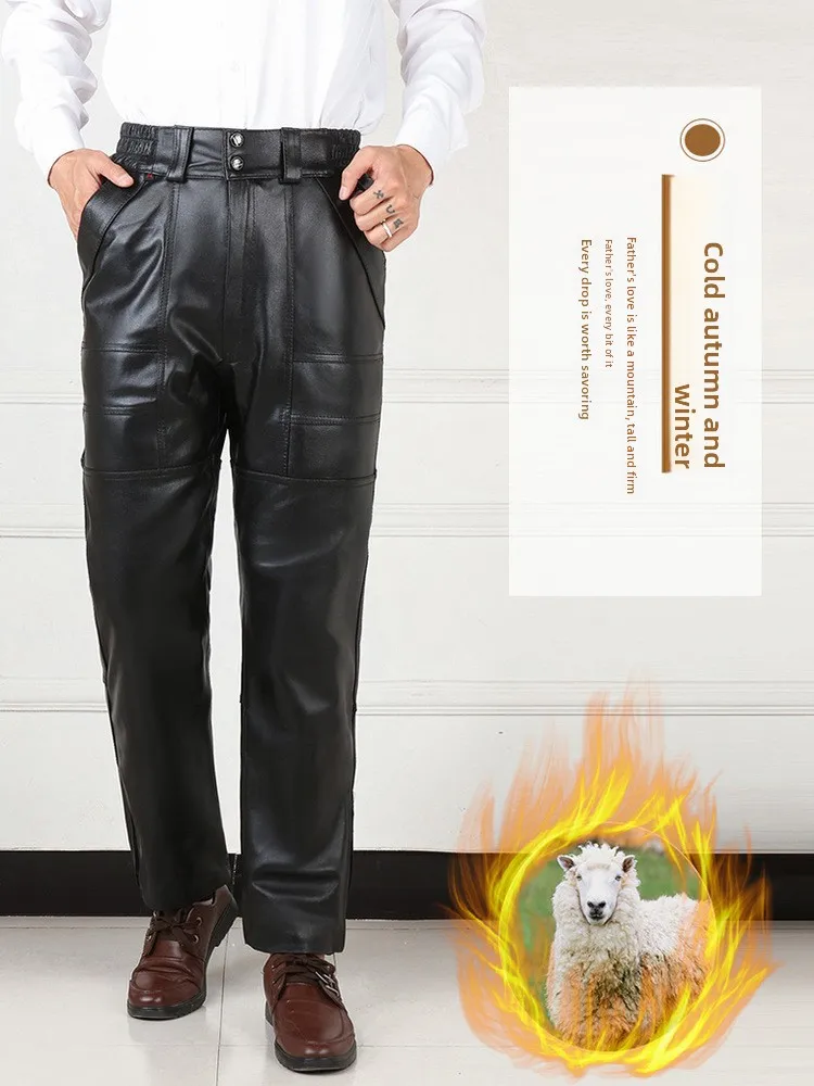Haining Winter Thickened Genuine Leather Motorcycle Pants Men's Loose Middle-Aged Warmth Windproof Sheepskin Pants
