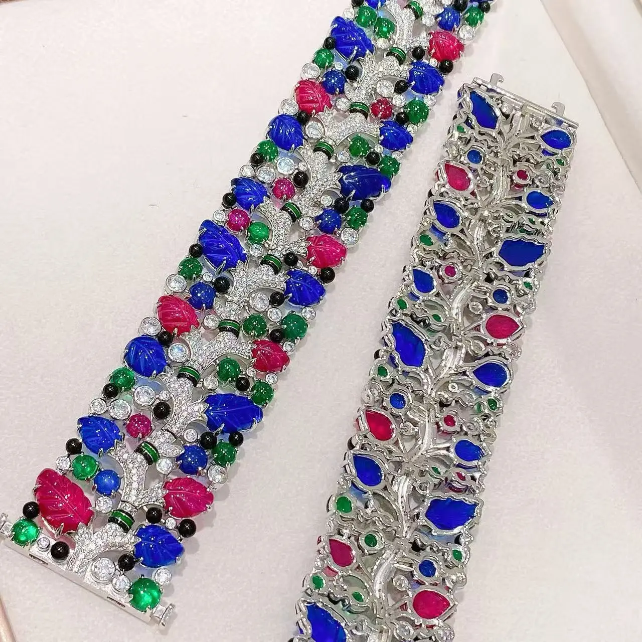 

KQDANCE 7 Inches Wide Green Blue Engraved Ruby Red Corundum Gemstone Leaf Fruit Style Bracelet Silver 925 For Women Fine Jewelry