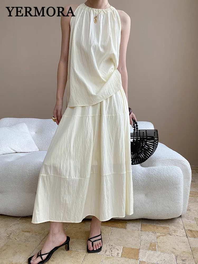 

YERMORA Women Beige Two Pieces Set Pleated Casual Vest O-neck Sleeveless Loose New Half Body Skirt Fashion Spring Autumn 2025