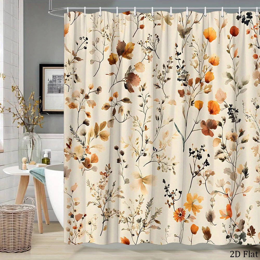 [2D Flat Printing] 1pc Autumn Floral 2D Flat Shower Curtain Watercolor Orange Red Yellow Blooms Seasonal Foliage Berries Leaves