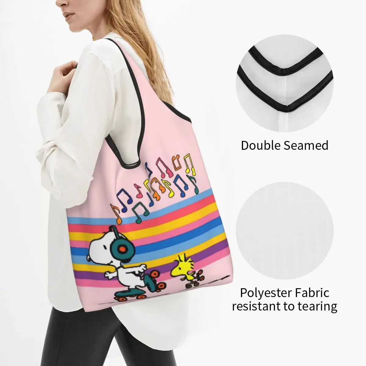 Custom Roller Skating Music Snoopys Comic Groceries Shopping Bags Shopper Tote Shoulder Bag Big Capacity Portable Beagle Handbag