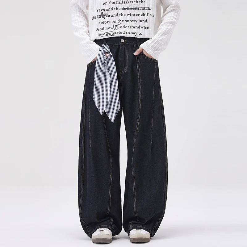 

Деконструированные мужские джинсы, новые весенние стильные однотонные мужские джинсовые брюки с изогнутыми ножками, осень 2026, уличная одежда