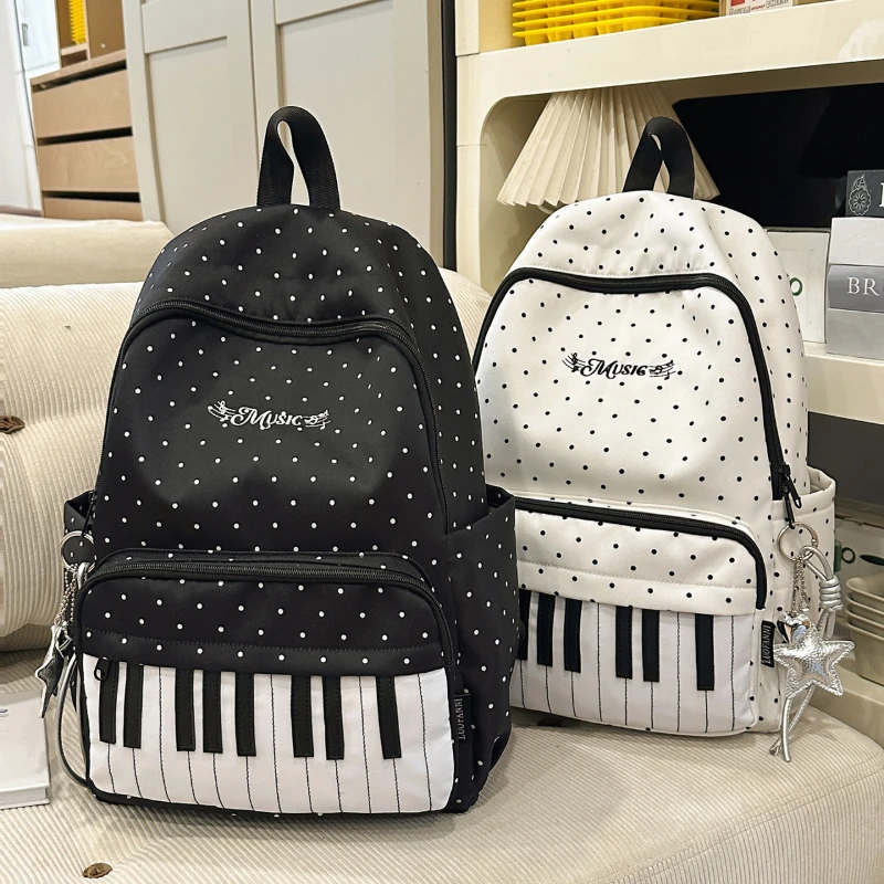 

Рюкзак с принтом клавиш фортепиано для женщин, милый школьный рюкзак в горошек с подвеской в виде серебряной звезды, большая вместительная студенческая сумка