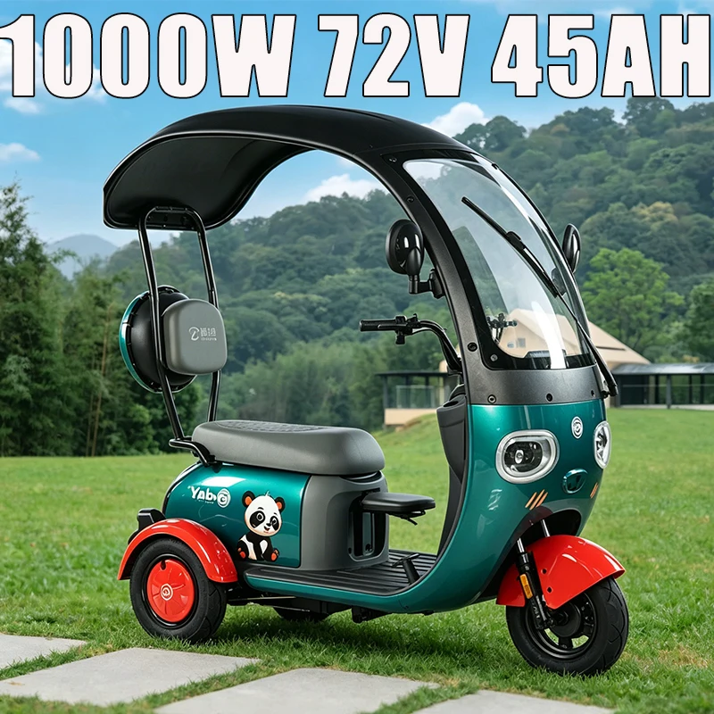 Windproof Rainproof Parent-child E-Trike 1000W72V45AH Lithium Battery Senior Adult Electric Trike For Daily Kid Commute & Pickup