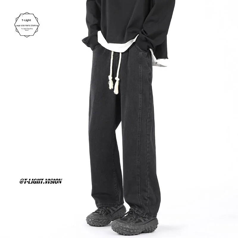 

Мужские джинсы прямого кроя в американском ретро-стиле, черные, с эффектом потертости, на шнурке, длинные брюки, весна-осень, широкие штанины, стройнящие.