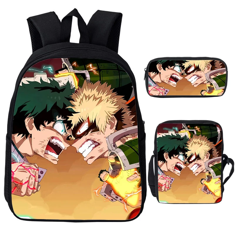 My Hero Academia Anime School Bag Set para crianças, Boku No Bookbag para crianças, mochila para meninos, 3pcs