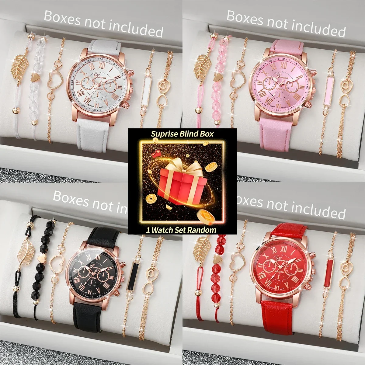 Surprise Blind Box Women Watch Set Random Geneva Quartz Watch + 4Pcs Bracelet Fashion Female Jewelry Gift