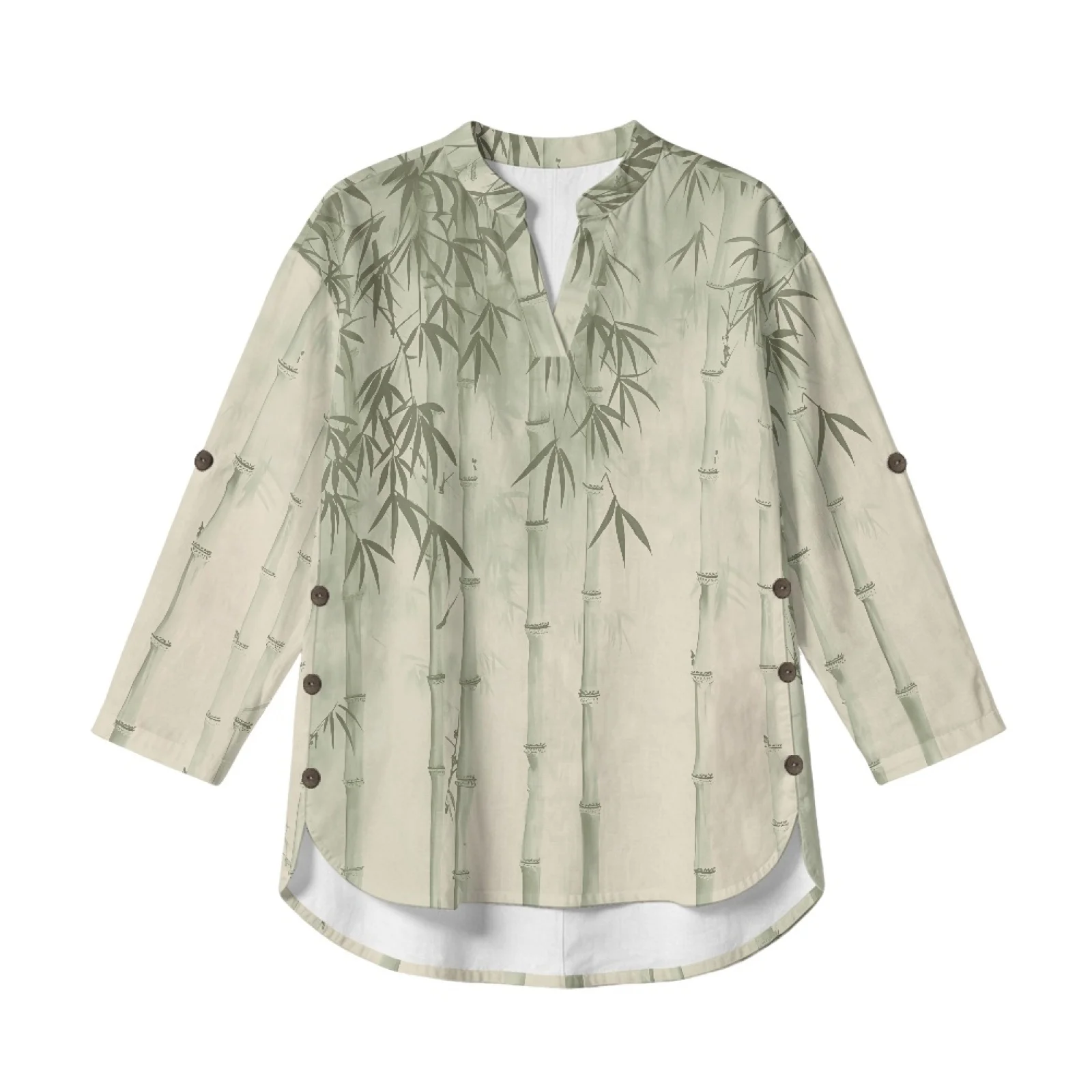 INSTANTARTS Women'S Linen V-Neck Shirt Breathable Long-Sleeved Top Blouse Roll-Up Cuff Lightweight Comfortable Soft Retro Bamboo view 2