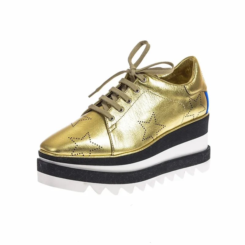 

Mix Color Sole Height Increasing Star Rivet Casual Shoes Classic Platform Rose Gold Shoes Square Toe Wedge Women Shoes Lace Up