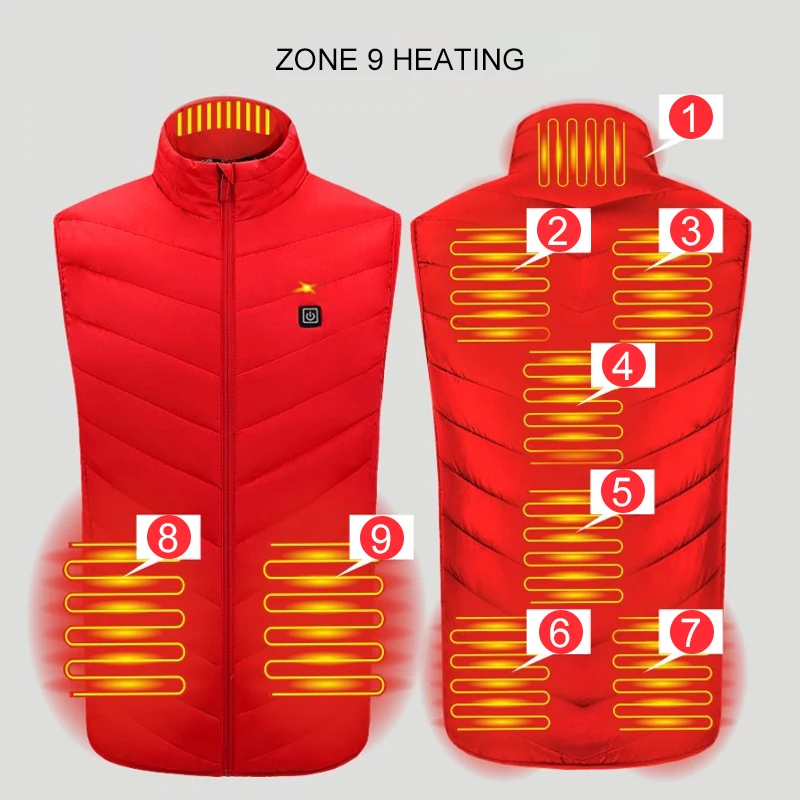 남성용 USB 적외선 4/8/9 단일 난방 영역 조끼 재킷, 겨울 전기 난방 조끼, 스포츠 하이킹용 특대 조끼