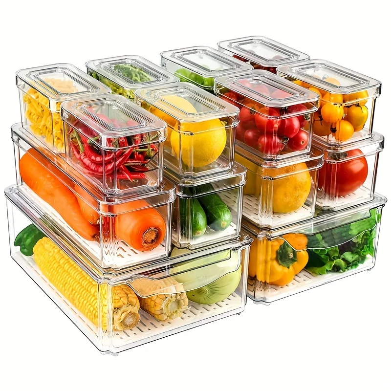 

us14pcs Food Organizers, Stackable & Reusable Fresh Food Boxes, Stackable Refrigerator Organizer Bins with Lids, Clear Fridge Organizers And Storage for Kitchen, Countertops, Cabinets, Fridge, Fruits, Vegetable, Cerealsd