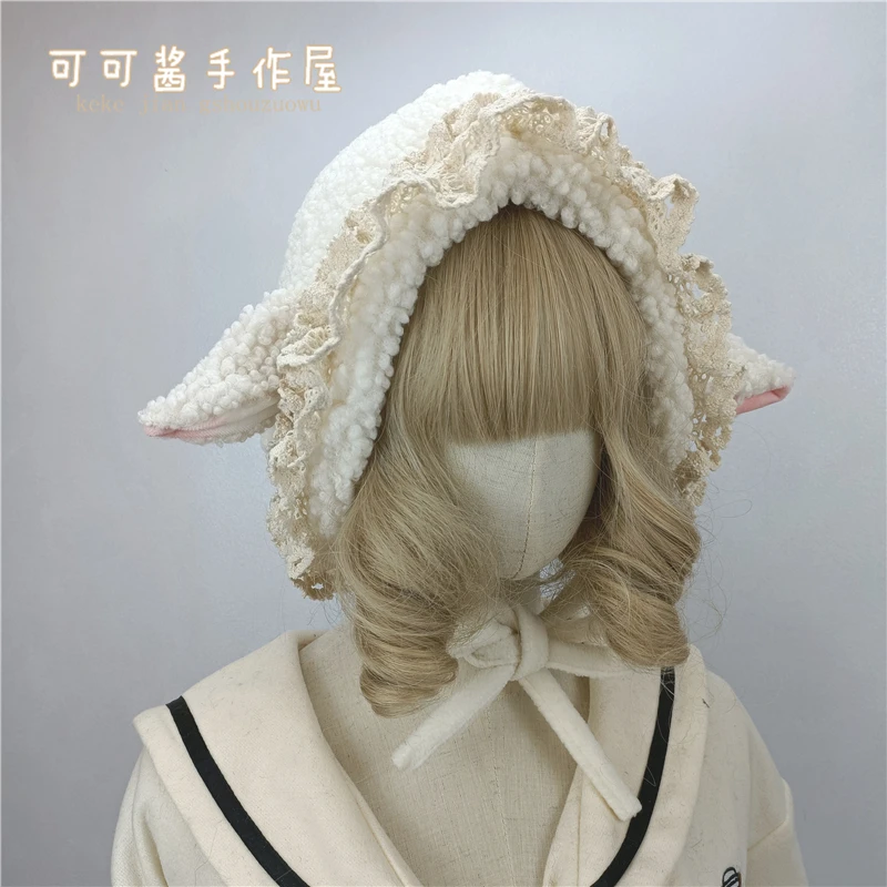 Lamb Ears Earmuffs Hat Japanese Cute Lace Ushanka Lolita All-Match Plush Winter Warm Hat