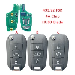 CrucK009016 Clé de voiture à distance à 3 boutons, 433.92MHz, puce HITAG AES 4A, marché secondaire, pour KIT 208 2008 308 508, pour cristaux en C3 C4 C5
