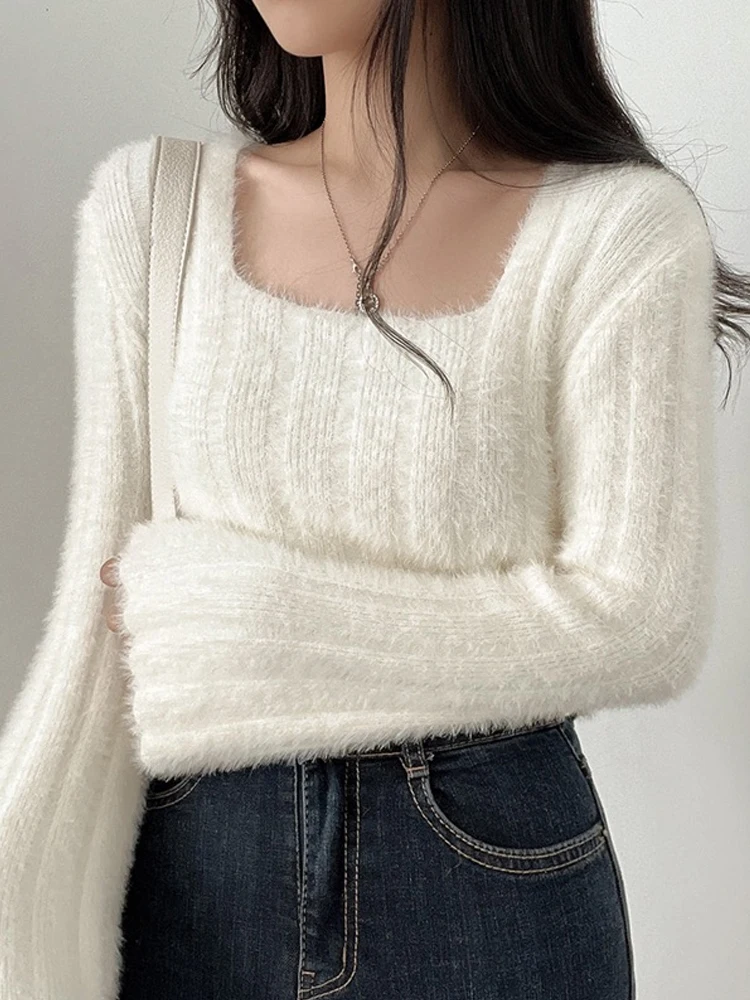 

Ele ort Knitted Sweater Women's Autumn Winter New Sle Square Collar Mink Imitation White Soft Cozy Fem Top