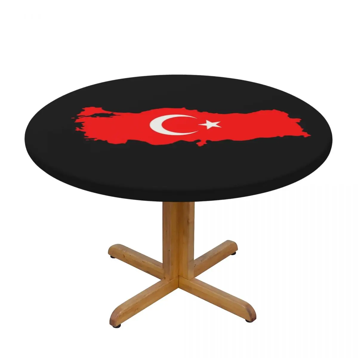 Round Oilproof Turkey Flag Map Table Cover Elastic Turkish Moon and Star Table Cloth Backed Edge Tablecloth for Picnic