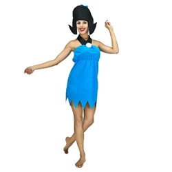 Women Blue Halter Sleeveless Dress for Betty Rubble Costume with Wig Headdress Adult Fred Flintstone Costume