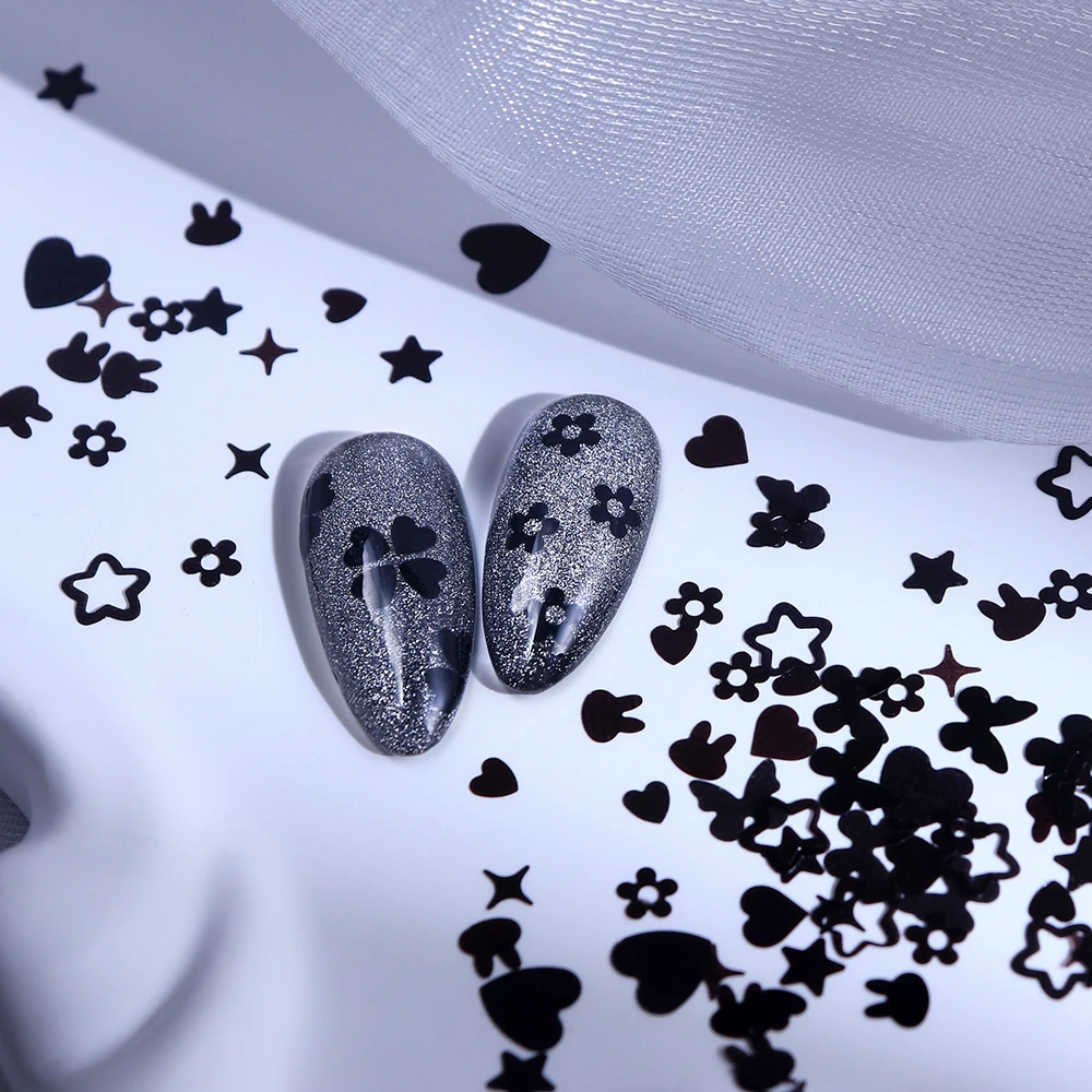 Halloween Pailletten Nail Art Decoratie Zwarte Bloem Vlinder Liefde Hart Vlokken DIY Manicure Accessoires Gotische Nagel Charmes Ontwerp