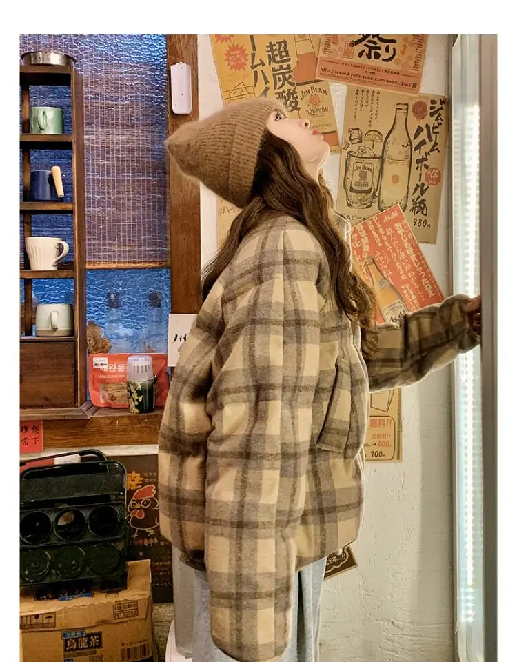 Retro Plaid Short Padded Jacket for Women Autumn Winter Maillard Style Thick Warm Outerwear Female Casual Korean Puffer Jackets