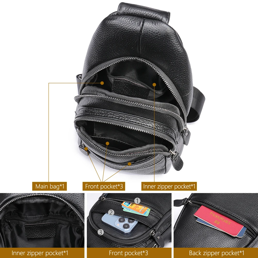 WESTAL Leather Sling Bag Men\'s Side Bags Casual Sport Chest Pack Genuine Leather Shoulder Bags Black Travel Chest Bag 1808
