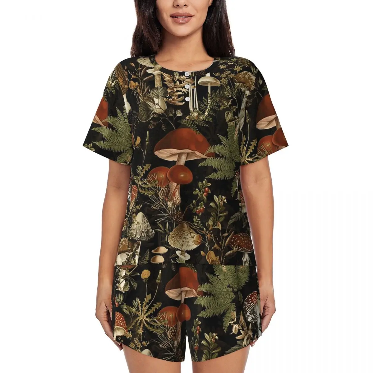 

Midnight Mushrooms Forest Botanical Night Garden Round Neck Short Sleeve Nightgowns for Sleeping Women Pajama Set Short Pants