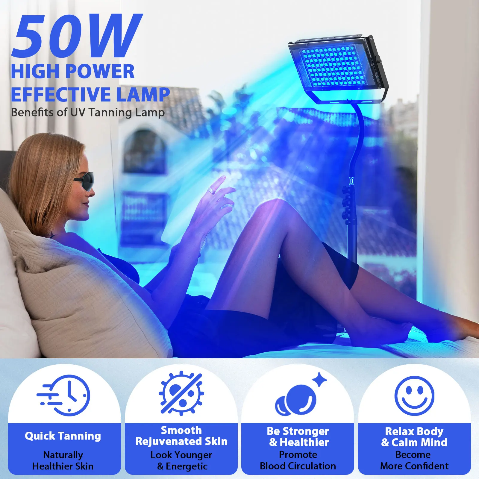 Lâmpada de bronzeamento ultravioleta 50w tripé lâmpada solarium para corpo de bronzeamento 48 pçs lâmpada de luz azul comprimento de onda 460nm & 480nm cuidados com a pele