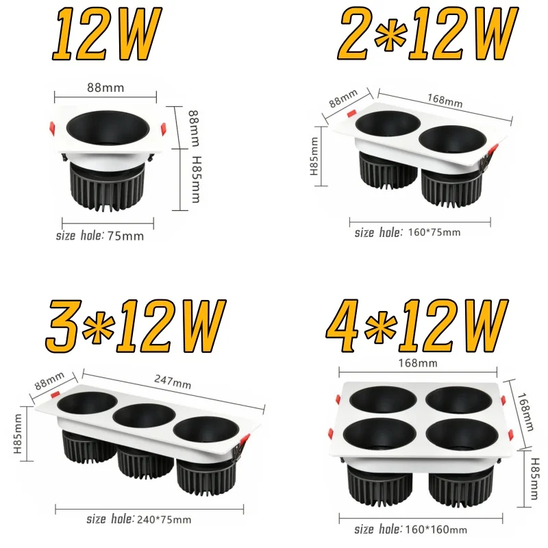 Recessed DALI Dimmable DT6 DT8 square Anti-glare COB Spotlights 12W 1-4head LED downlight Ceiling lamp AC220V Interior lighting