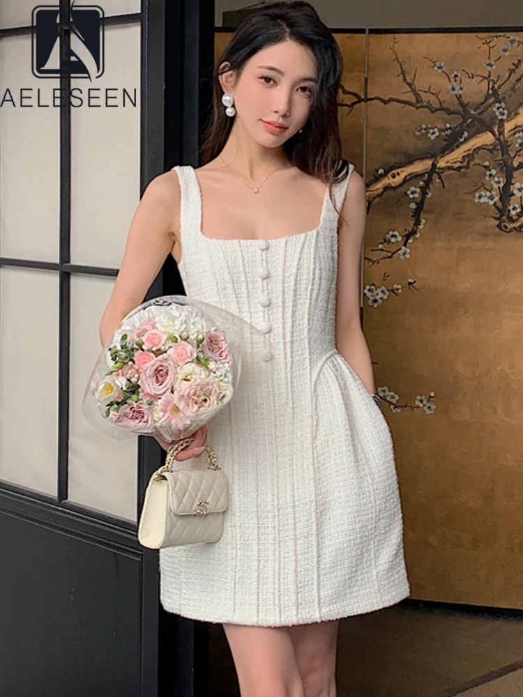 

AELESEEN Sweety Summer Tweed Dress Women's Summer Spaghetti Strap Slimming Beige A-Line Sqaure Collar Solid Mini Holiday