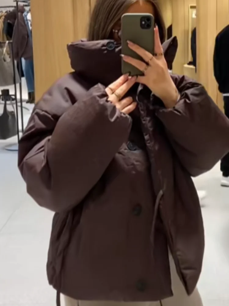 

chic Solid Lace Up Short Cotton Coat Women Casual Lapel High Collar Waist Cinching Full Sleeve Loose Coats Lady Winter Warm Wear