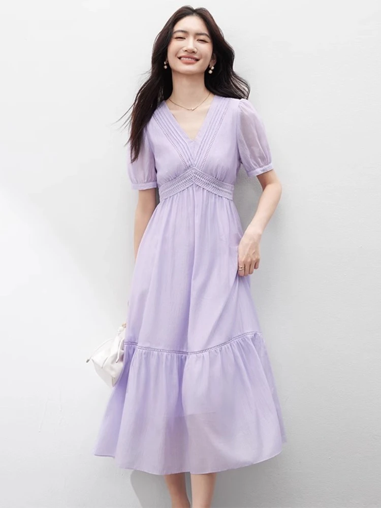 

SENTUBILA French Dress Women's 2024 Summer Solid-Color V-Neck Lace-Waist Midi Dress Princess Sleeves Invisible Zipper 142L53860