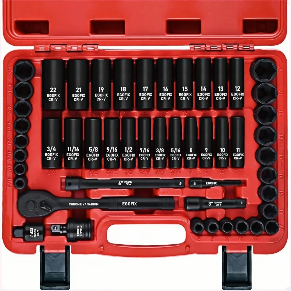

3/8" Drive Impact Socket Set, 50 Piece Standard(5/16 to 3/4 inch) and Metric (8-22mm) 6 Point, Impact Joint, Adapter, Cr-V Steel