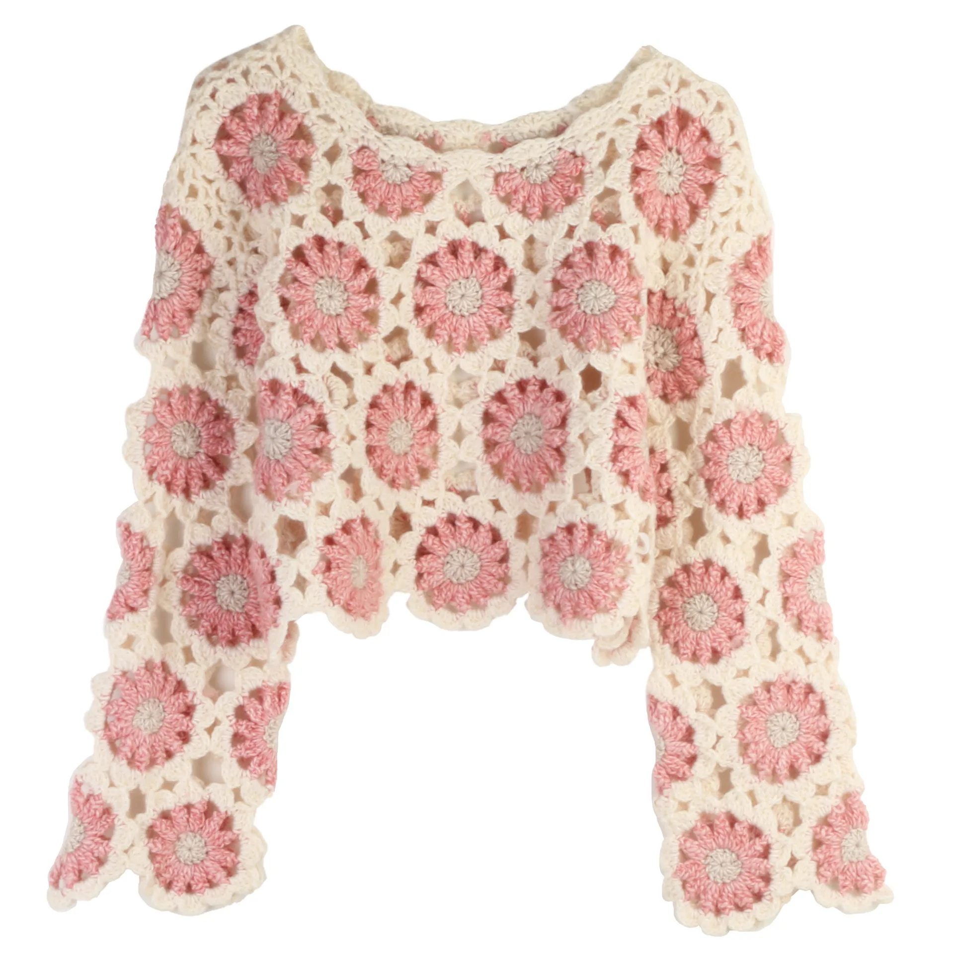 

Women Pink Hand-hooked Sweater Round Collar Sexy Hollow Out Flower Pullover Sweater Autumn Winter New Retro Short Knitted Shirt