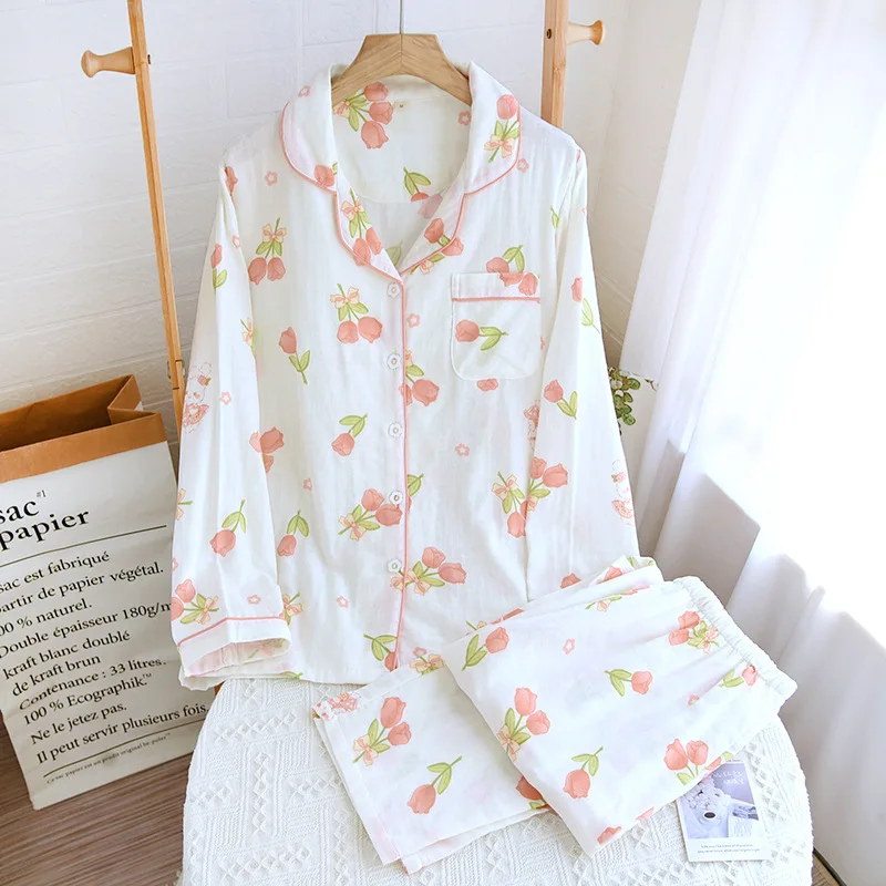 

100% Cotton Yarn Pajamas Women's Thin Double-layer Spring Autumn Long-sleeved Loungewear Two-piece Set Breathable PJ Set