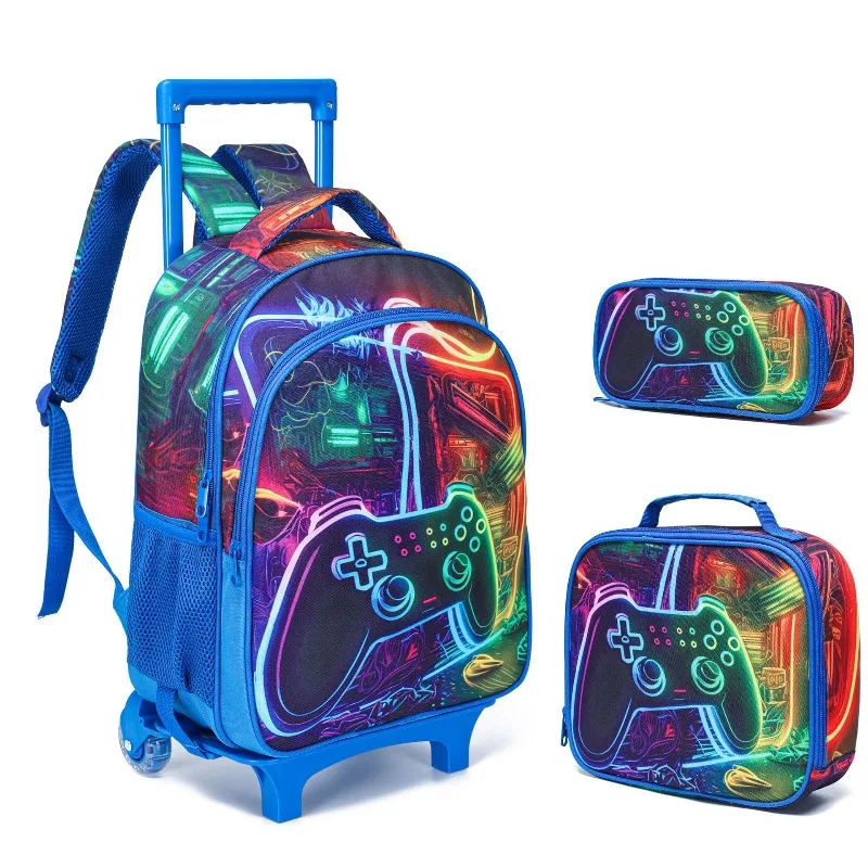 Children's Cool Patterns Trolley School Bag For Boys Travel Luggage Wheeled Backpacks Rolling Backpack Set with Lunch Box