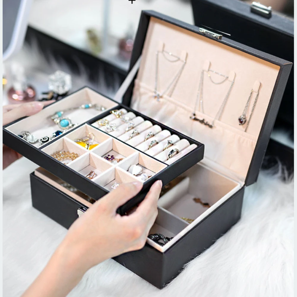 

1pc- Double layer leather jewelry storage cabinet with lock - spacious storage space for rings, earrings, necklaces