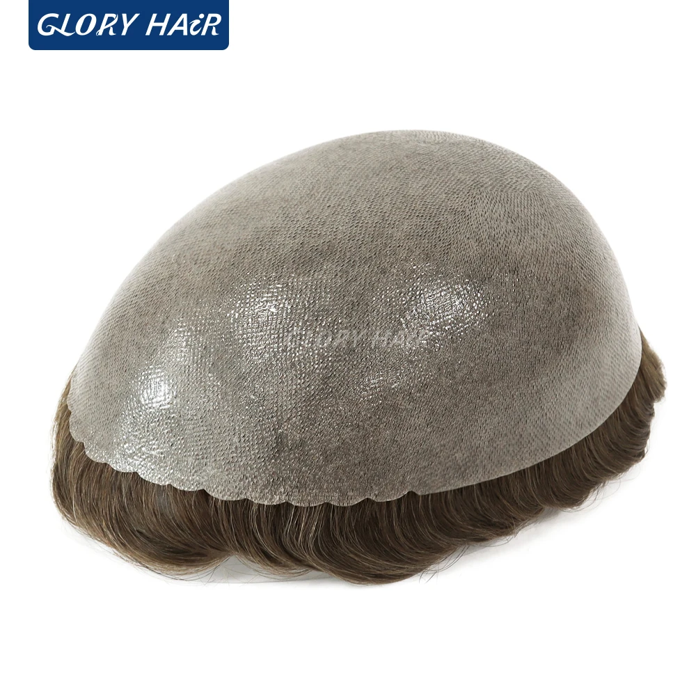 دائم مزدوجة معقود الرجال الشعر المستعار الاصطناعية 0.12-0.14 مللي متر بولي PU 5 "شعر مستعار بشري هندي رجل نظام استبدال الشعر قطع الشعر