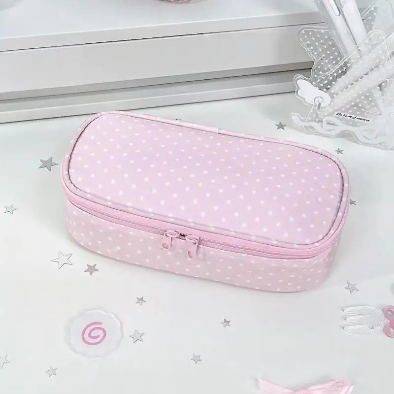 1 Stück Rosa Polka-Dot-Federmäppchen mit großer Kapazität, wasserdicht, vielseitig einsetzbarer Schreibwaren-Organizer für Mädchen-Schulbedarf – Detail 5