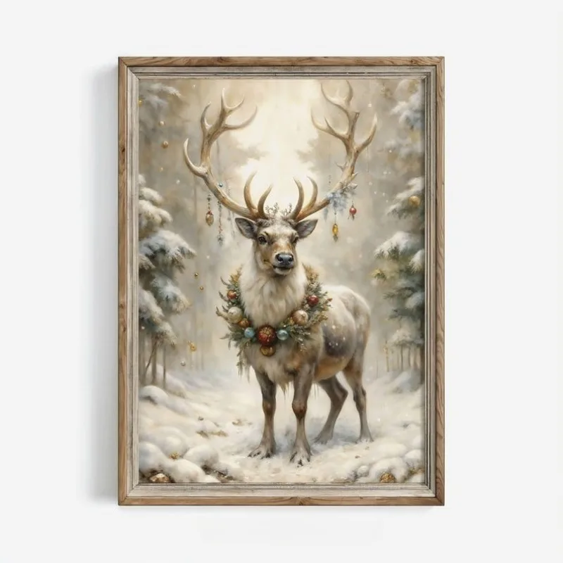 Noble Reindeer Winter Print Large Christmas Wall Art, Vintage Oil Painting Prints Cottagecore Holiday Decor