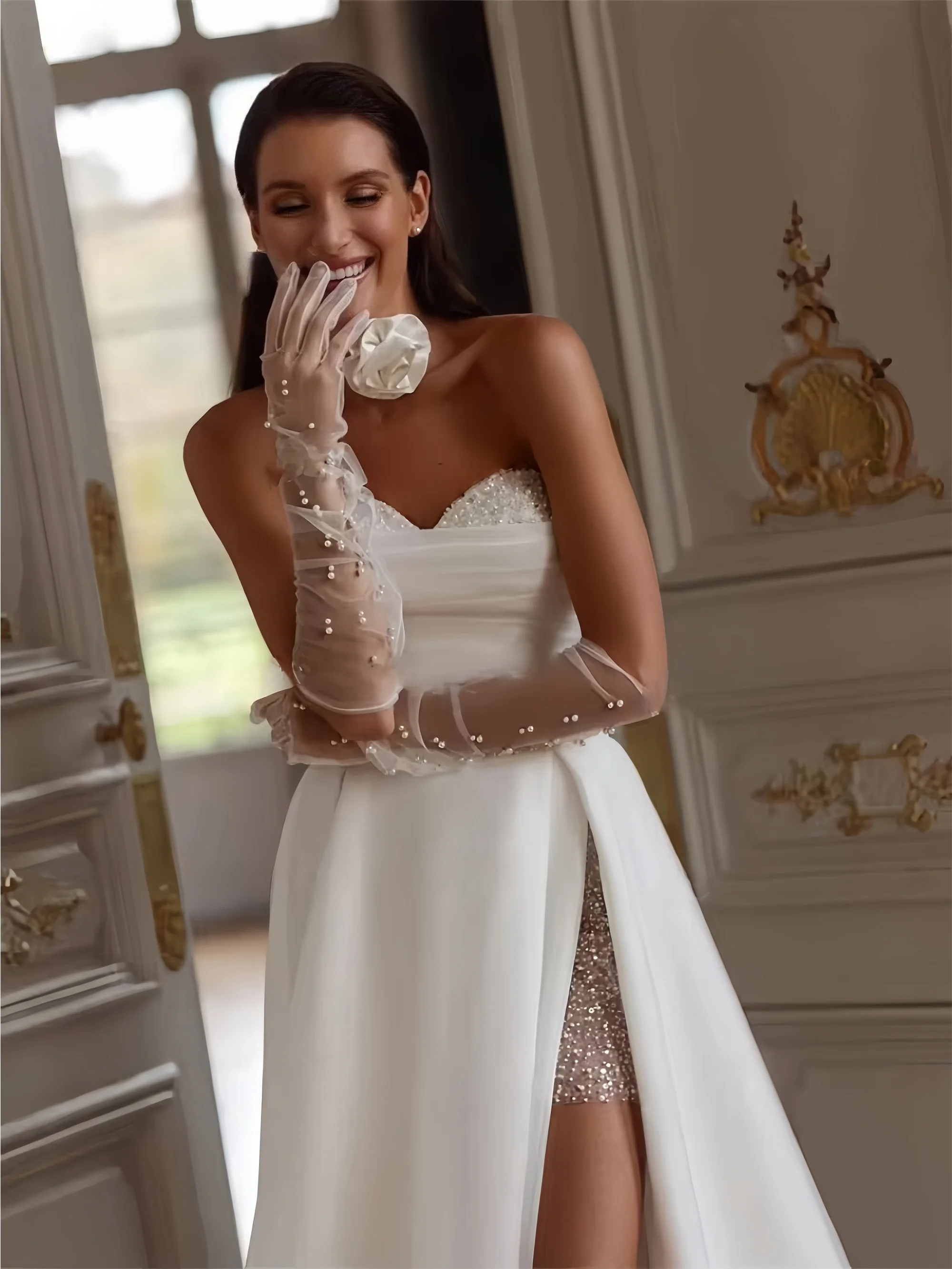Eleganckie suknie ślubne satynowe suknie ślubne Sweetheart szaty bez pleców linia seksowne wysokie rozcięcie Vestidos De Novia dostosowane 2025 Eleganckie sukienki ślubne Satyn sukienki ślubne Kochanie sukienki bez ple