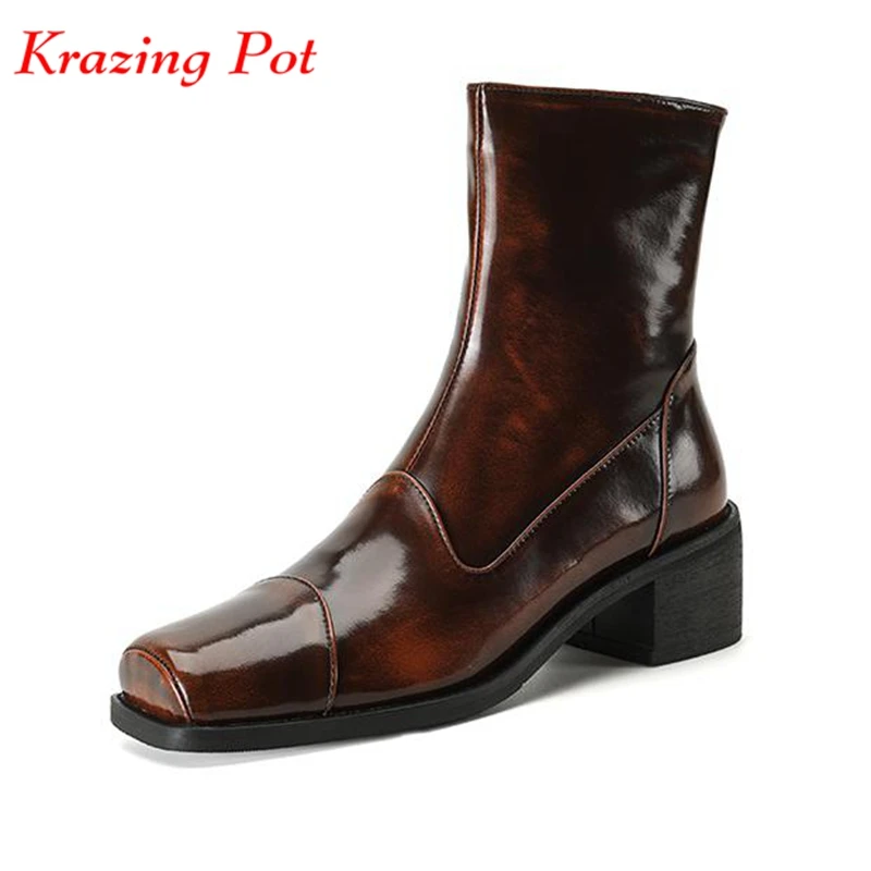 

Krazing Pot Cow Leather Square Toe Winter Warm Gradient Chelsea Boots Med Heels Beauty Street Wear Zipper Vintage Ankle Boots