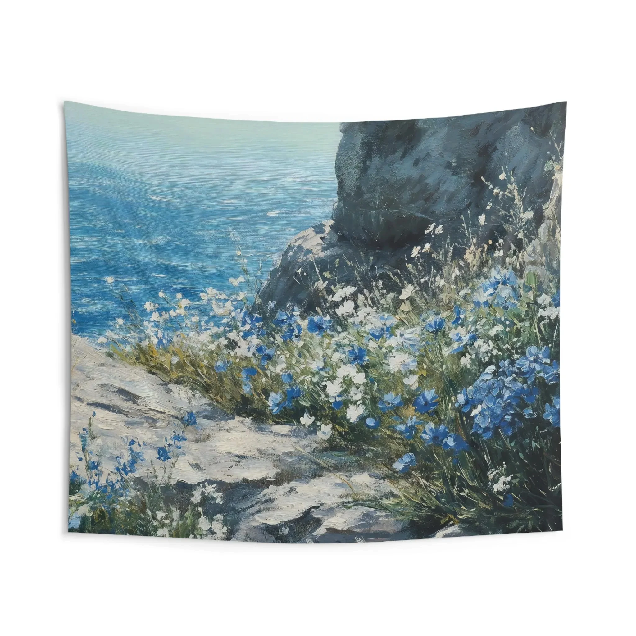 Cliffside Wildflowers Tapestry, Cliffs of Dover Vintage Seascape Wall Hanging, Blue White Floral Ocean Art for Bedroom Decor