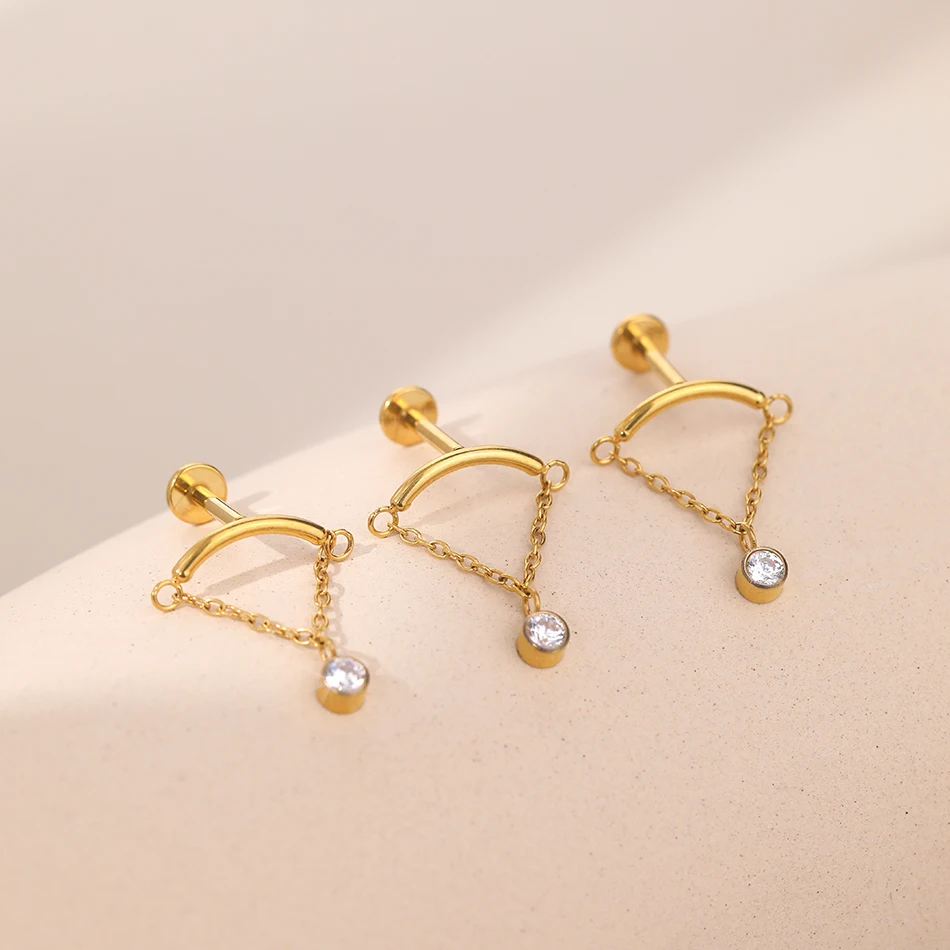 1/5PCS Titanium Tassel Chain Dangle Cartilage Earrings Stud 16G Internally Thread Zircon Helix Ear Tragus Piercings Body Jewelry