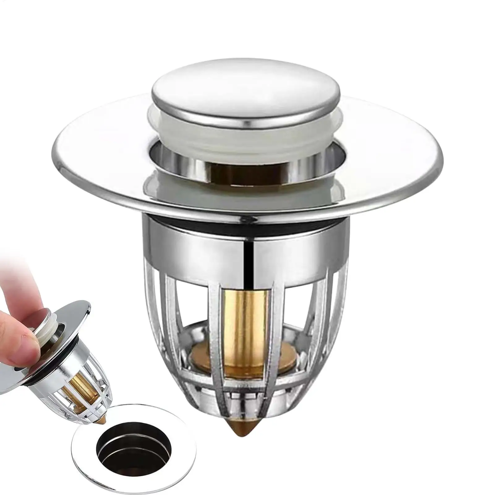 Universal Rebound Drain Plug Filter Basin Pop-up Chrome Sink Filter with Hair Catcher Bathroom Sink Drain Stopper Easy Push Type
