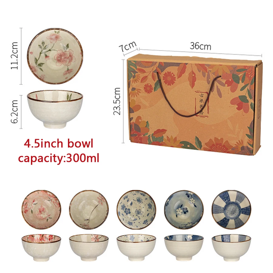 6pcs Ceramic Japanese Grain Bowl Set Heat Resistant Rice Salad Bowl Gift Box Packaging Home Dessert Noodles In Soup Bowl 4.5inch