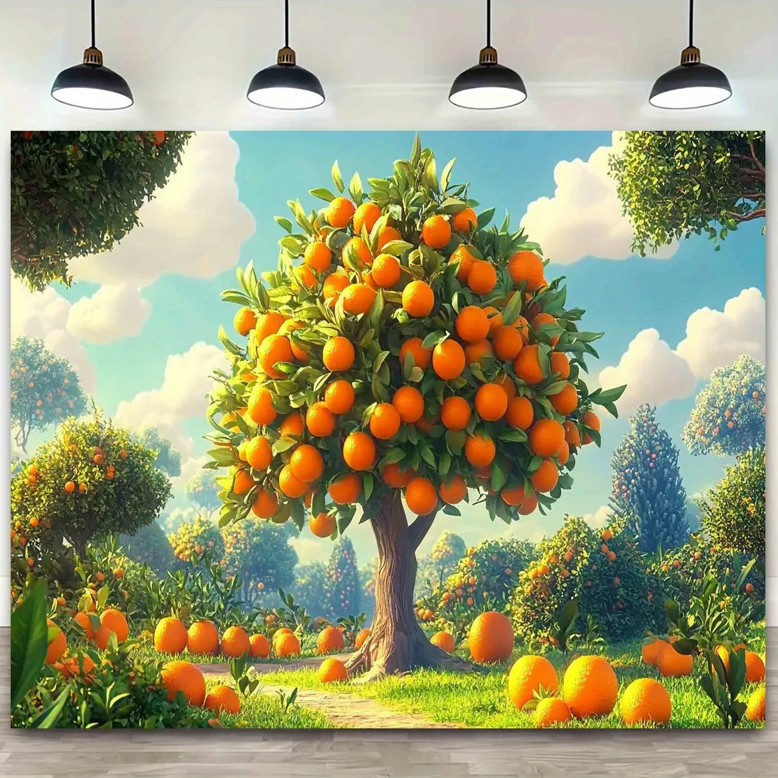 Ein sonniger Obstgarten-Fotohintergrund – mit üppigem Grün und blühendem Orange, für Geburtstage, Hochzeiten und Jubiläen