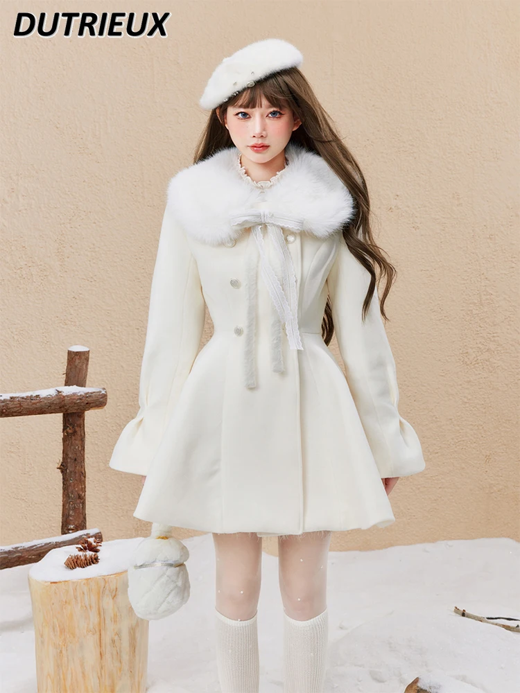 Autumn Winter New Fur Collar Waist Woolen Coat Sweet Cute Girls Solid Color Long-sleeved Double-breasted Mid-length Jacket