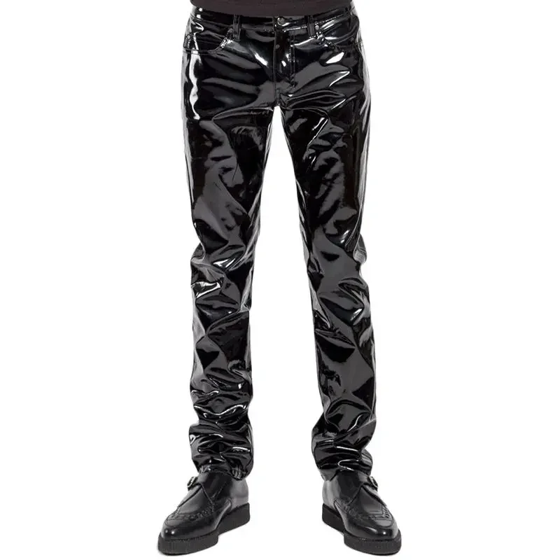 

Hot Sales Motorbike Men Sexy Black Wet Look PVC Stage Wear Faux Leather Pencil Pants Skinny Latex Leggings Pole Dance Clubwear