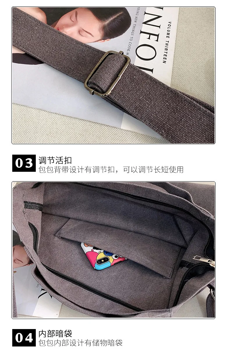 Große Canvas-Tasche mit Buchstaben-Aufdruck in Unifarben, Unisex-Modell mit Gleichem Canvas-Umhängeband, Große Kapazität Shopper-Tasche – Detail 7