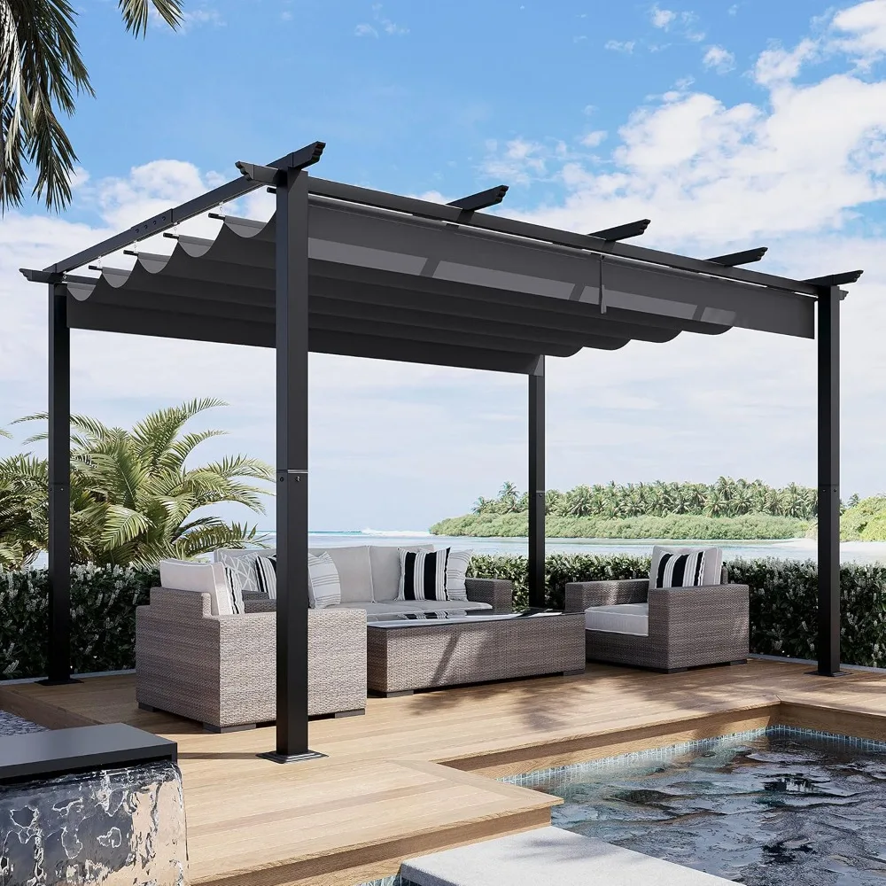 

10' X 13' Outdoor Retractable Pergola with Sun Shade Canopy Patio Metal Shelter for Garden Porch Beach Pavilion Grill Gazebo Mod